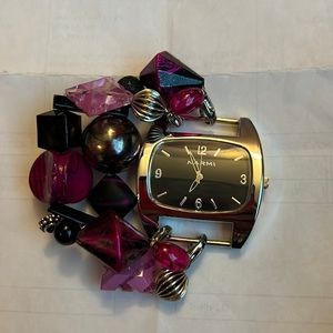 Beaded Watch with Black and Hot Pink